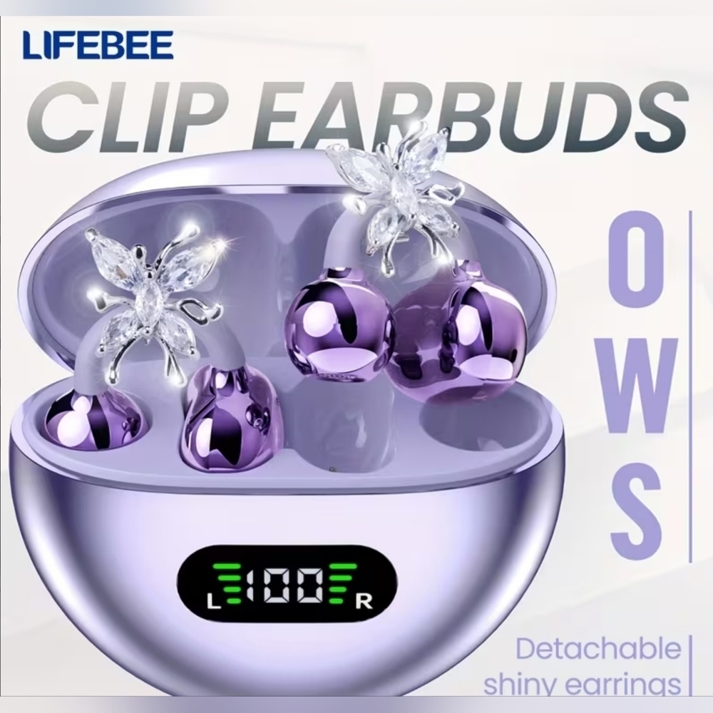 LIFEBEE Clip-On Earbuds, Wireless Open Earphones w- Detachable Beautiful Earring